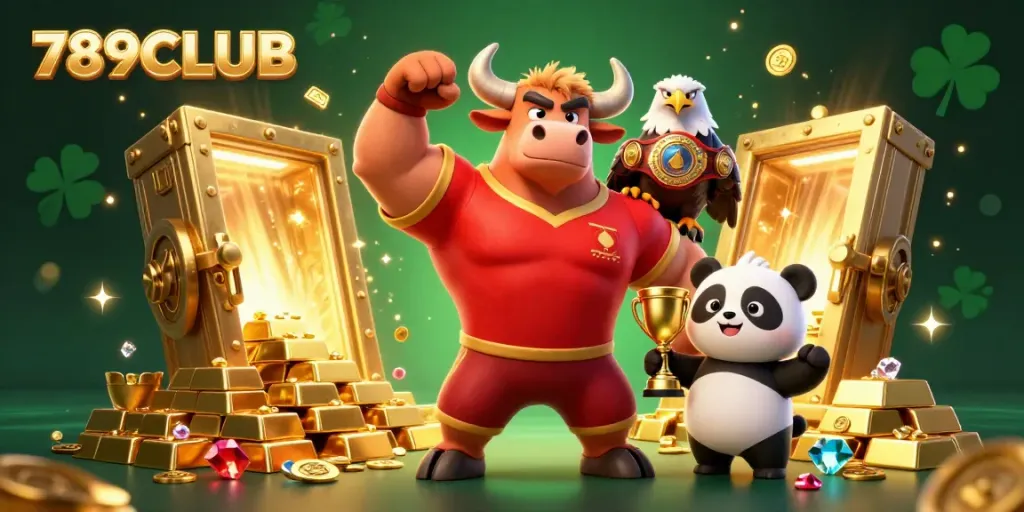 Experience the excitement of 789CLUB with a vibrant illustration of a victorious bull mascot, eagle, and panda amidst gold and gems.