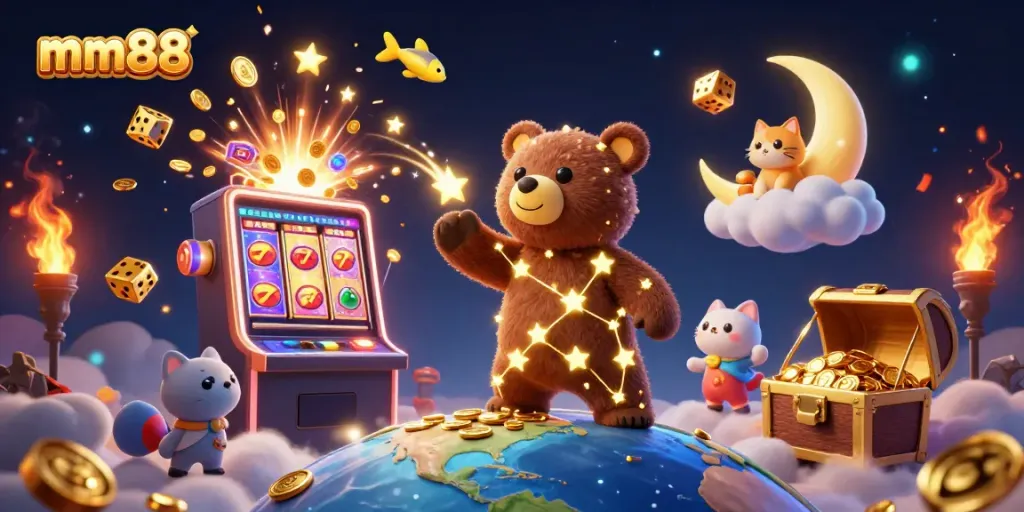 Experience the magical world of mm88 with a golden constellation bear scooping coins amidst casino excitement.