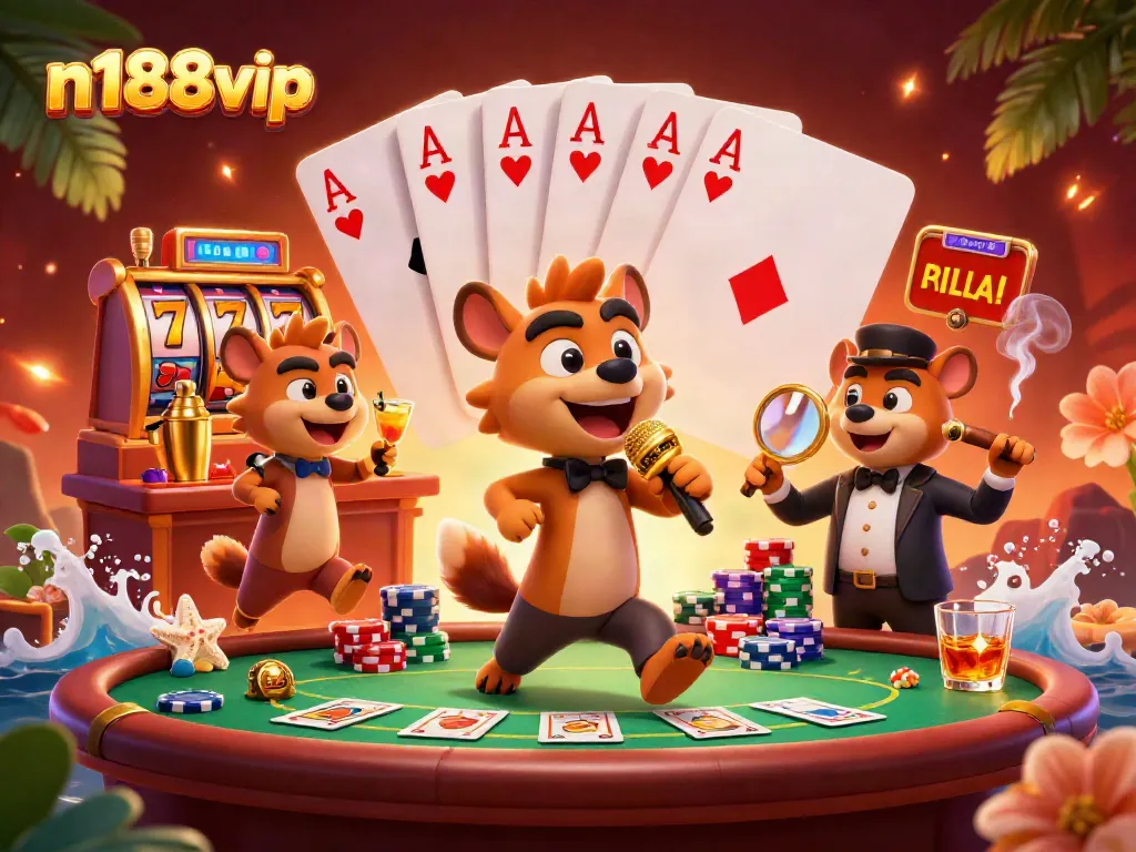Engage in exciting games with n188vip at a lively casino club hosted by cartoon hyenas.