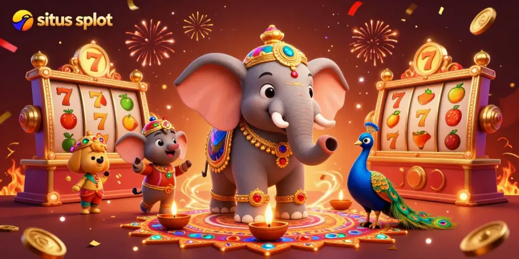Experience the thrill of situs slot with a colorful 3D illustration featuring playful characters and vibrant casino elements.