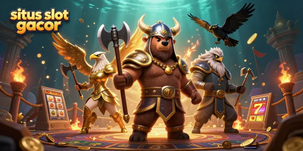 Experience thrilling wins at situs slot gacor with a vibrant 3D Viking-themed casino scene full of action.