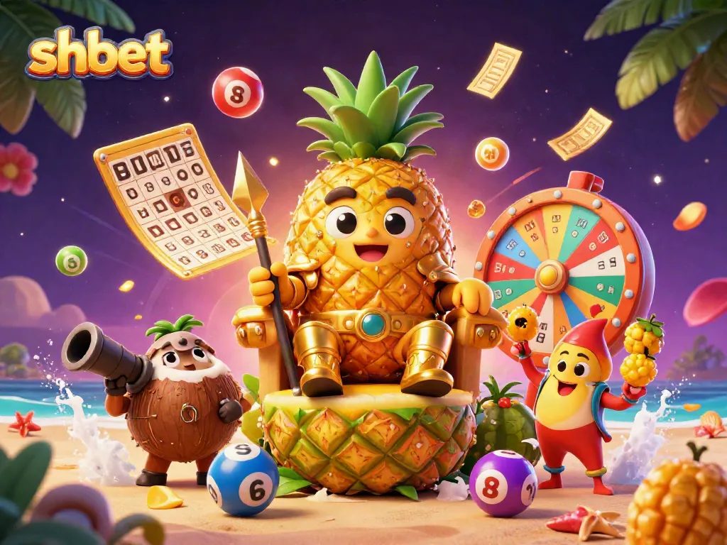 Engage with the vibrant world of shbet, featuring a golden pineapple king in a dynamic casino scene with lottery elements.