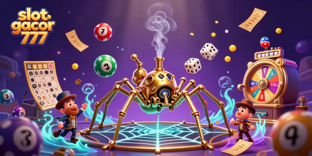 Engage in the excitement of slot gacor 777 with a vibrant 3D illustration depicting a golden spider and whimsical characters.