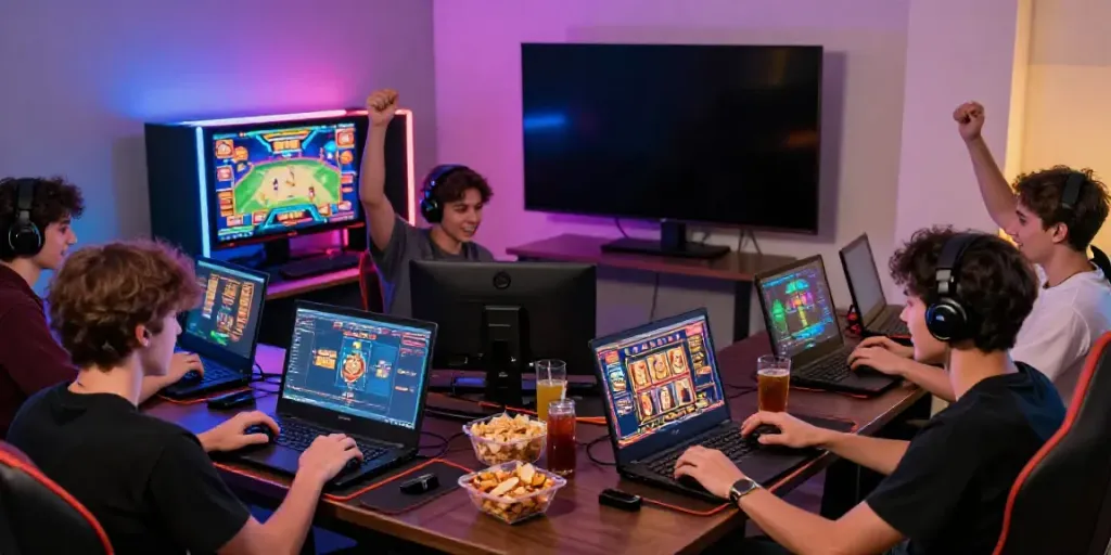 Ruang bermain slot gacor dengan pemain yang merayakan kemenangan di perangkat digital.