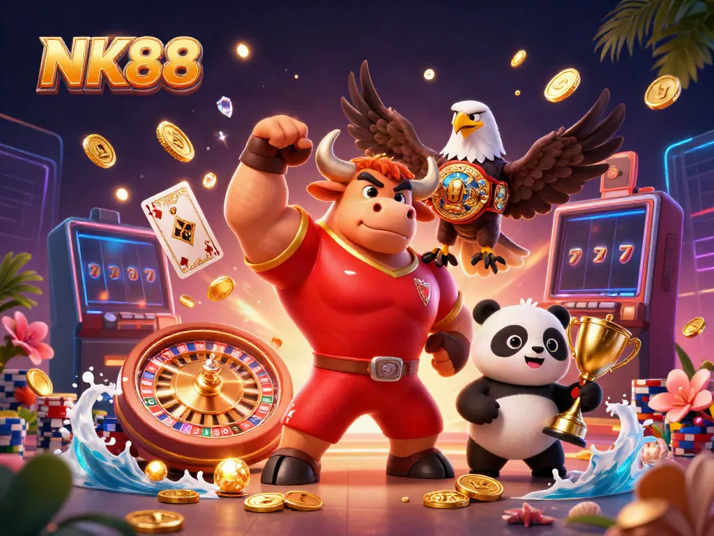 Win big at NK88 with a vibrant 3D casino scene featuring dynamic characters and game elements.