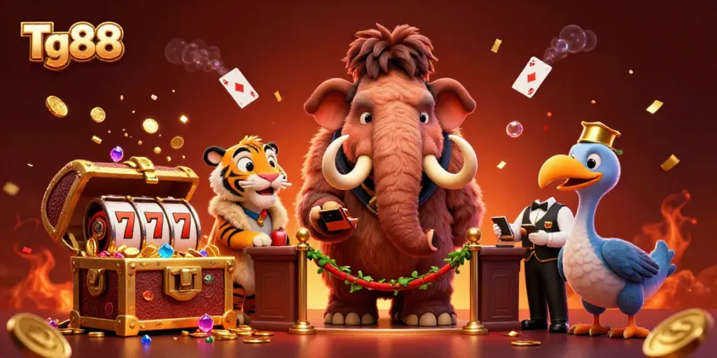 Tg88 casino scene featuring a woolly mammoth bouncer and VIP saber-tooth tiger with slot games and celebratory elements.