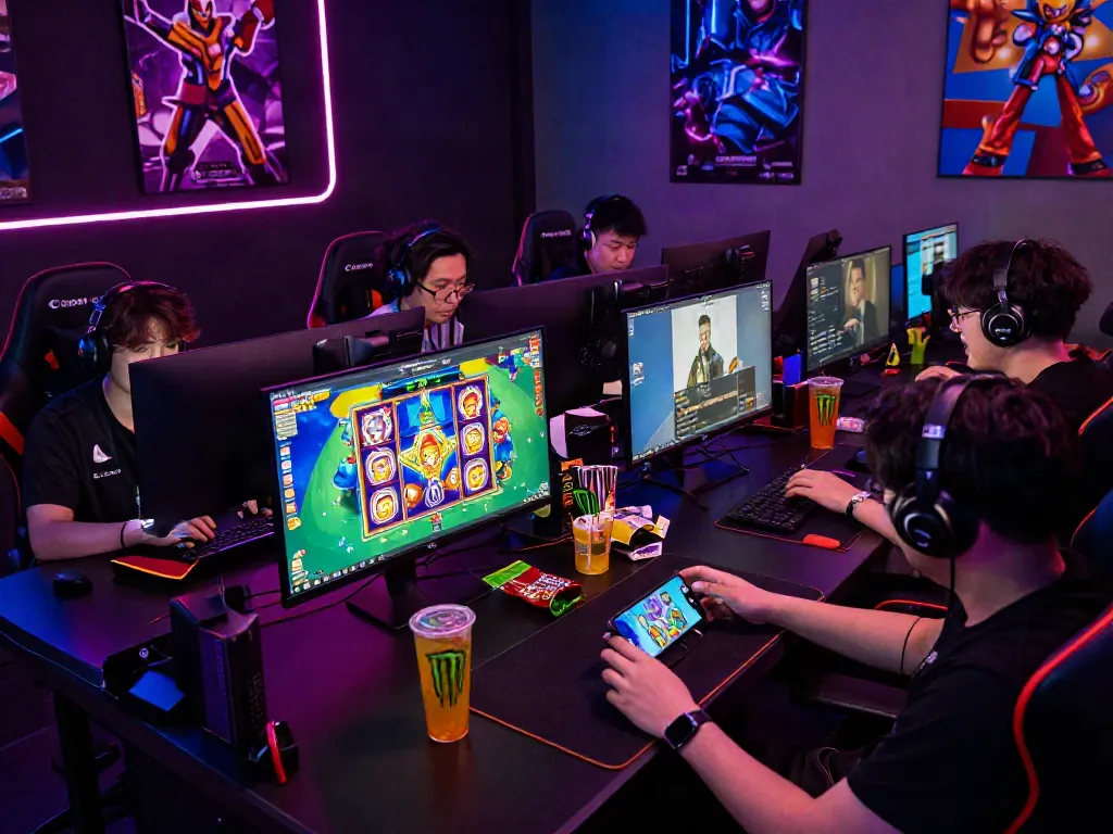Gamers enjoying lumbung88 online slots in a lively gaming environment.