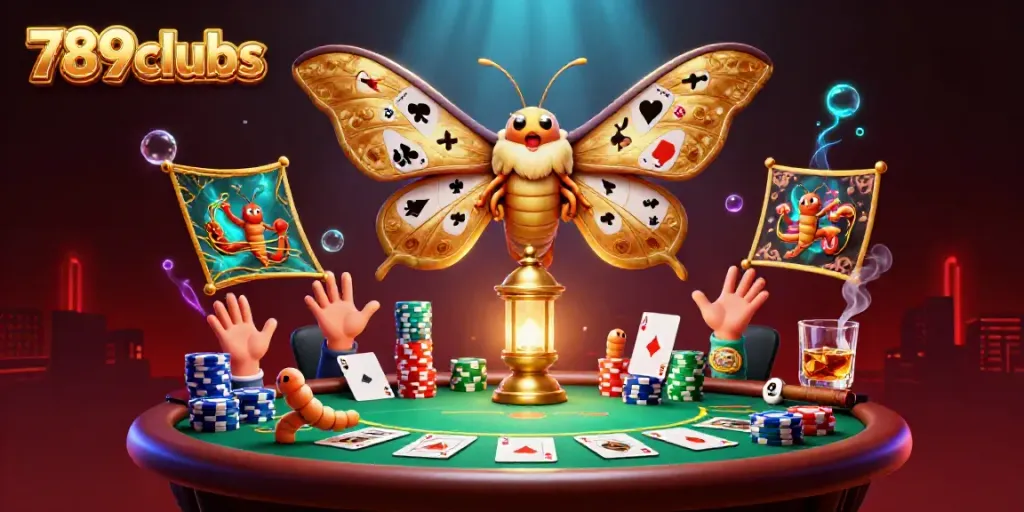 Engage in thrilling games at 789clubs with majestic golden-winged moths and vibrant casino elements.