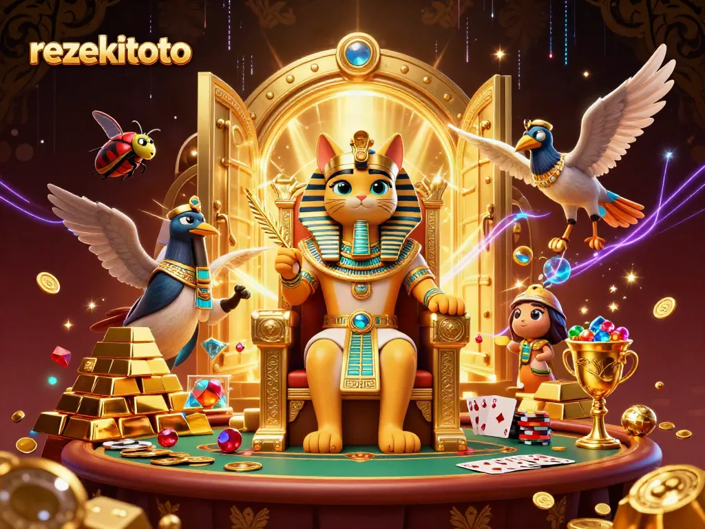 Play exciting games at rezekitoto with vibrant characters and dazzling casino elements surrounding them.
