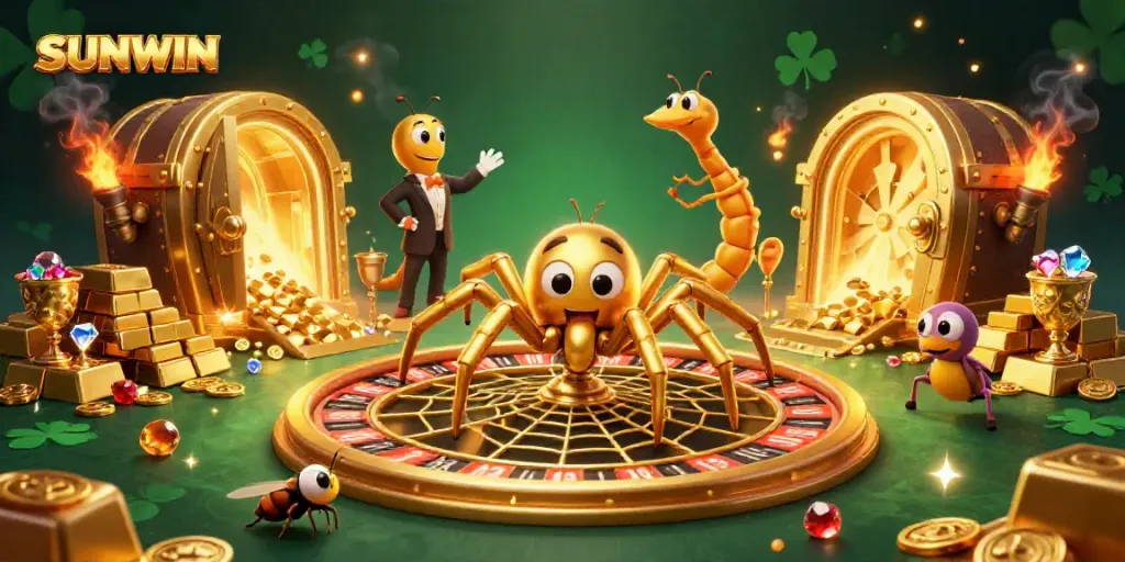 Engage in thrilling betting at SUNWIN with a vibrant roulette wheel scene and golden treasures.