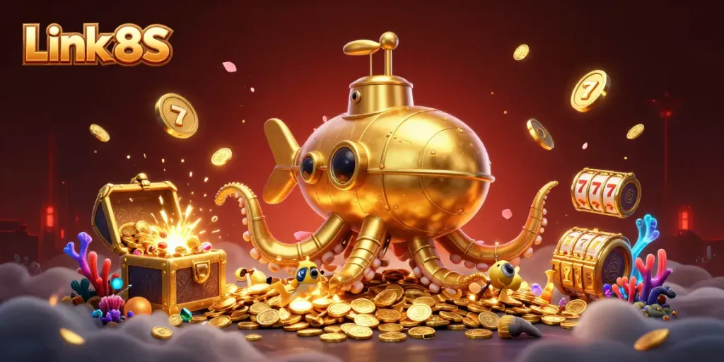 Experience excitement with Link 8S in a vibrant underwater scene filled with casino treasures.