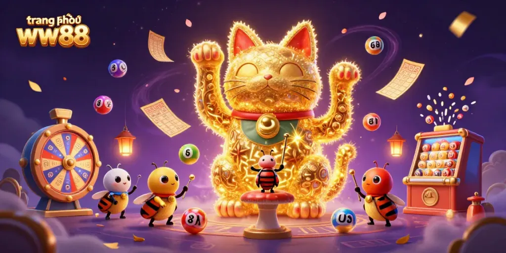 Experience excitement at trang chủ ww88 with golden lucky cat and vibrant lottery elements for online gaming fun.
