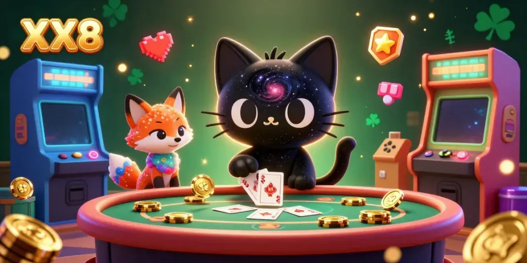 Experience the excitement at XX8's cosmic casino, where a black hole cat and nebula fox combine gaming magic.