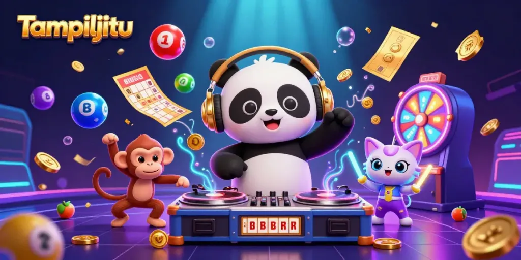 Tampiljitu highlights a DJ panda spinning slot reels while a dancing monkey and glowing kitten celebrate with vibrant gambling elements.