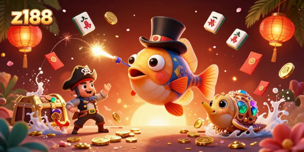 Join the fun at z188: an anglerfish attracting coins & sea creatures in a vibrant underwater casino scene.