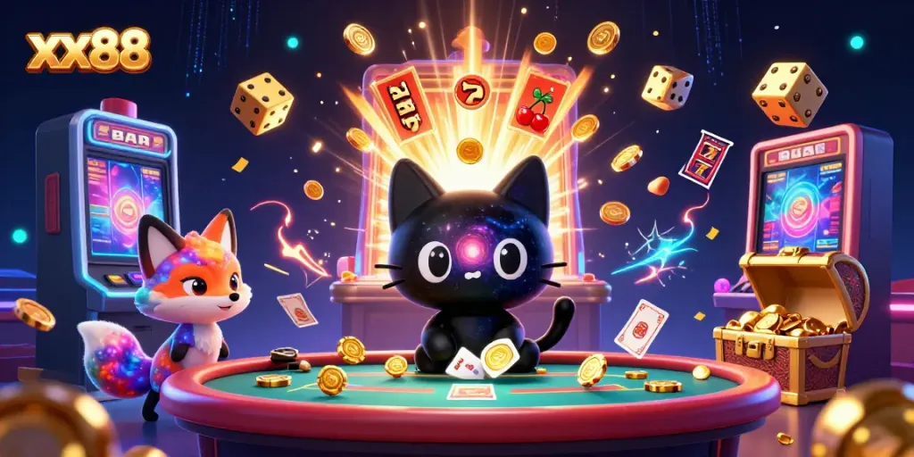 Experience the excitement of xx88 with a cosmic cat at a casino table, pulling in chips and cards