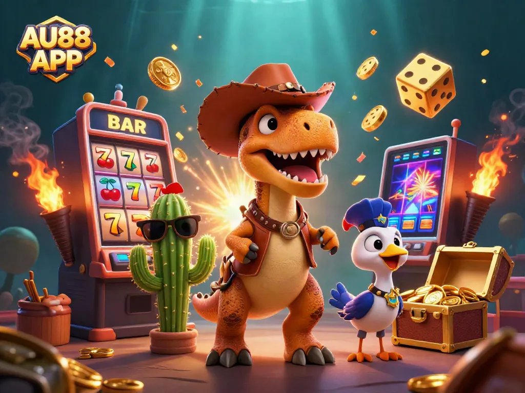 Experience thrilling gameplay with the AU88 APP, featuring vibrant slot machines and adventurous characters.