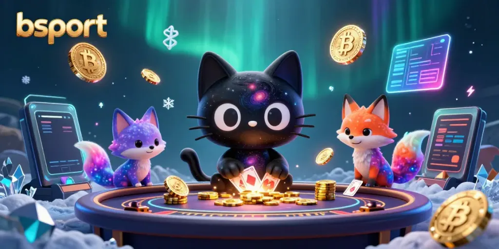 Experience thrilling casino fun with bsport's cosmic gaming scene, featuring a black hole cat and nebula fox.