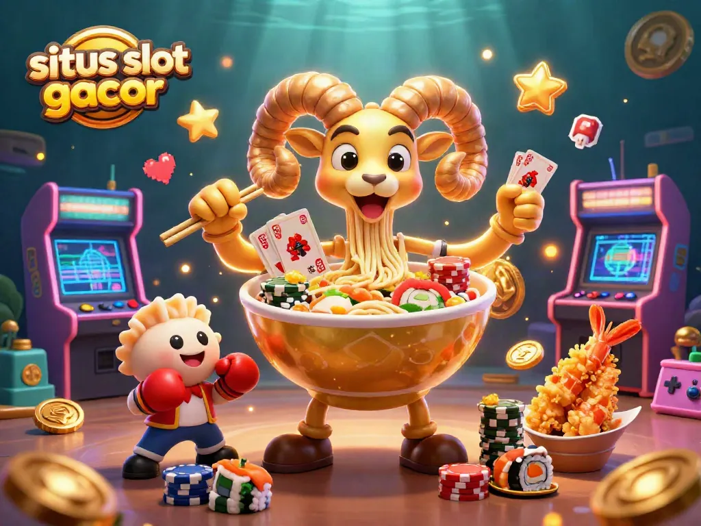 Situs slot gacor features a lively casino scene with vibrant characters and gaming elements, showcasing dynamic action.