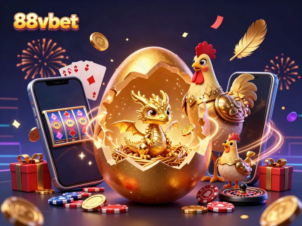 88vbet's golden adventure: a dragon and mother hen amidst poker chips and exciting casino elements.