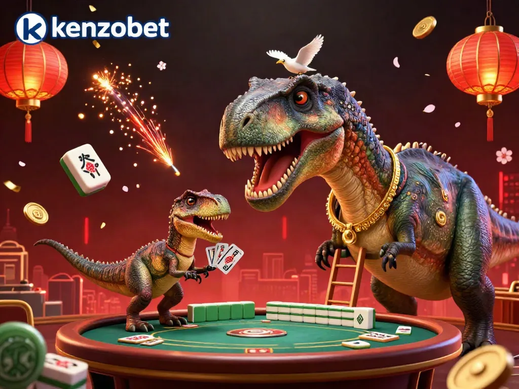 Engage with kenzobet's thrilling casino experience as a giant brontosaurus watches a raptor deal cards at a vibrant poker table.