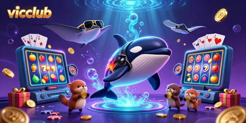 Experience excitement with vicclub in this vibrant 3D illustration of ocean-themed slots, coins, and charismatic sea creatures.