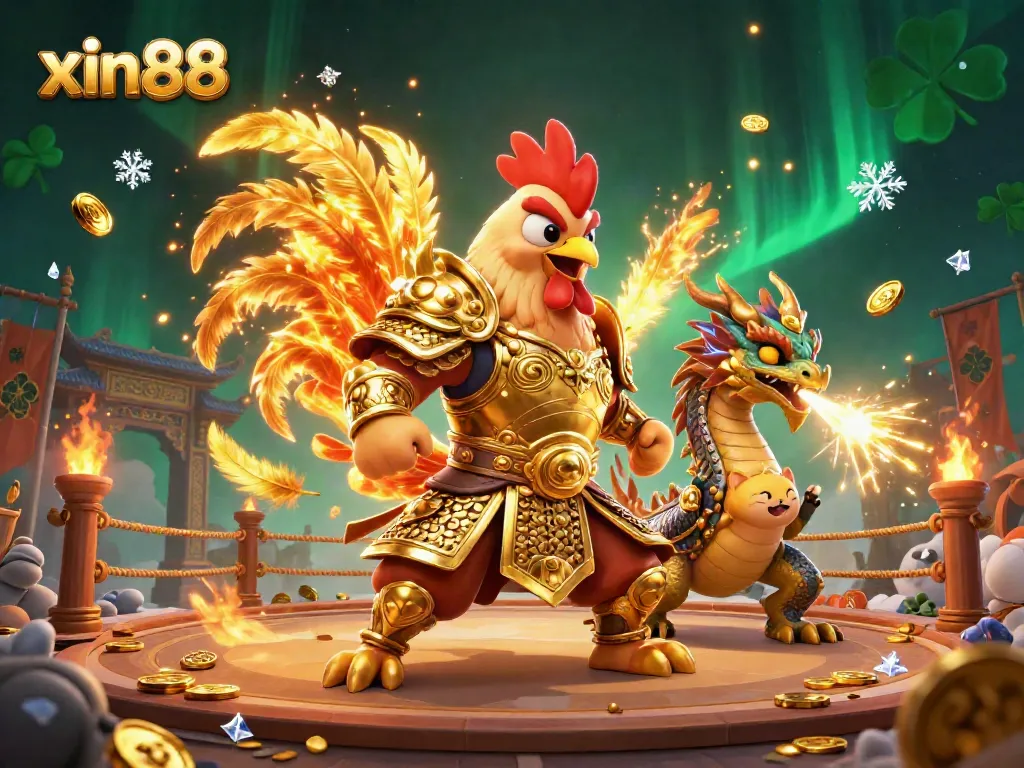Experience the thrill of xin88 with a vibrant 3D illustration of a fighting rooster and dragon in a dynamic casino setting.
