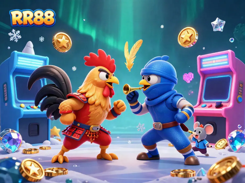 Engage with electrifying action at RR88 featuring dynamic cartoon roosters in a vibrant casino setting.