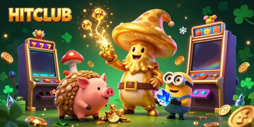 Experience the magic of HITCLUB with a golden wizard and vibrant slot machines in an ultra-detailed 3D scene.