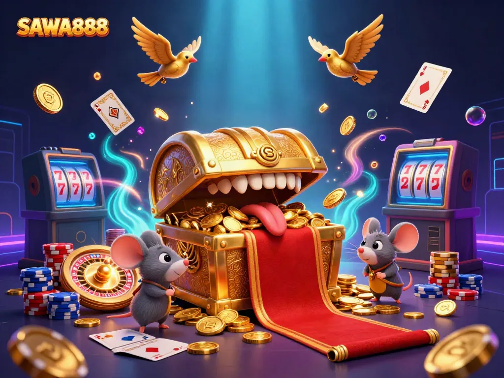 Play exciting slot games at SAWA888 with a dazzling treasure chest and casino elements.