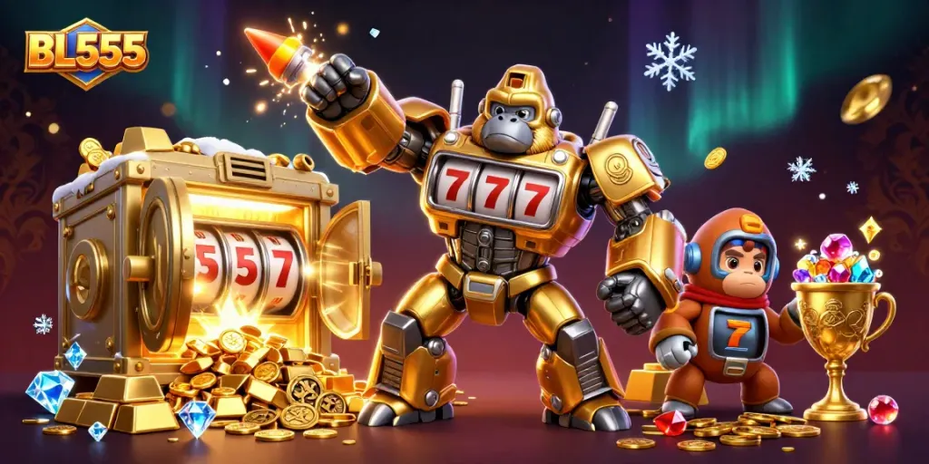 Experience thrilling wins with BL555's dynamic 3D gaming adventure featuring a golden gorilla mech.
