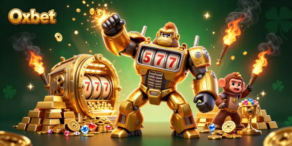 Experience the thrill of Oxbet with a dynamic golden gorilla mech, bursting with winning treasures!