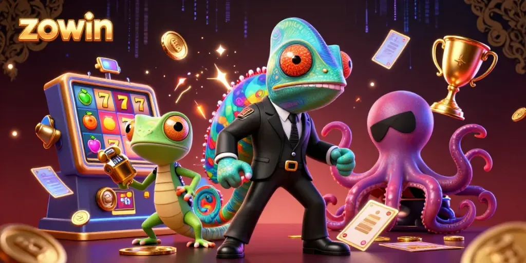 Zowin slots illustration featuring colorful characters and dynamic gaming elements in a vibrant casino scene.