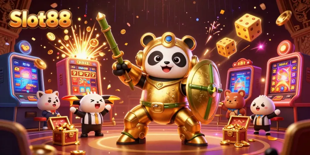 Experience Slot88 excitement with a dynamic 3D illustration of a golden panda and jackpot exploding slot machine.