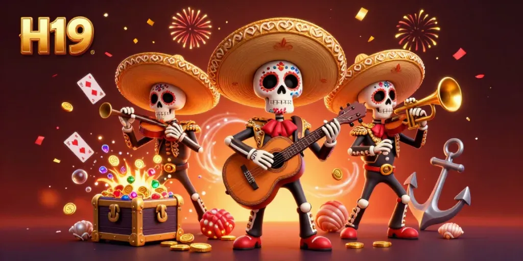 Experience H19’s vibrant casino atmosphere with our skeleton mariachi band amidst treasure and festive elements.